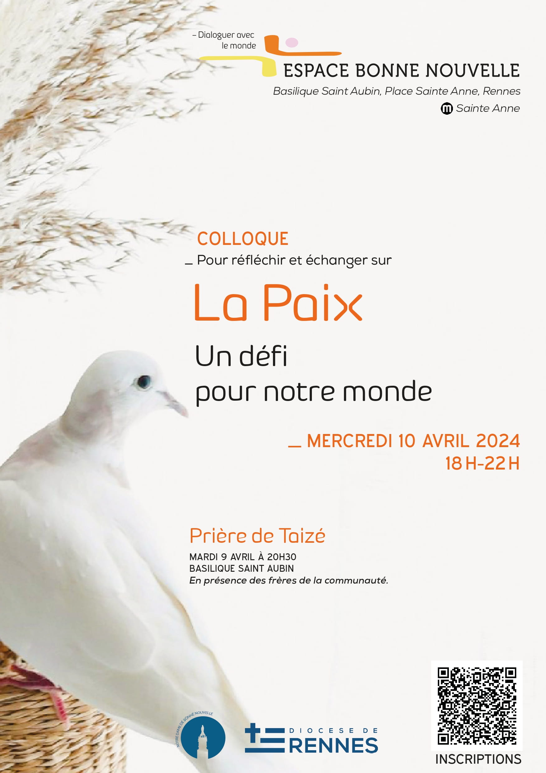 Affiche du colloque pour la paix avec le dessin d'une colombe blanche.