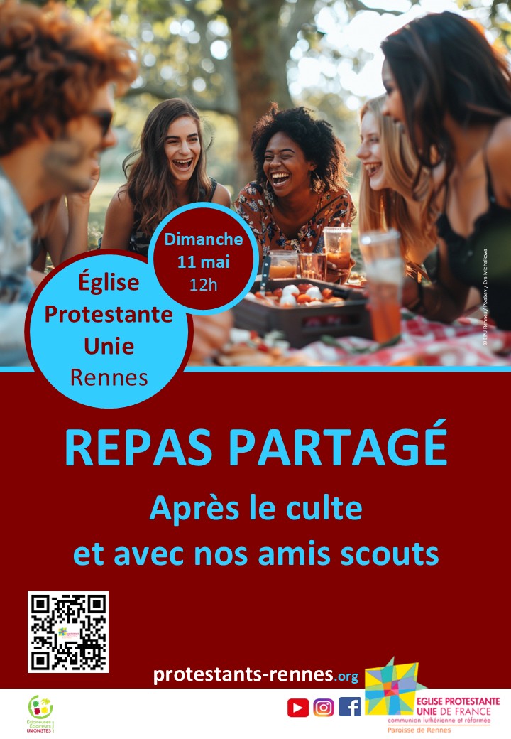 Affiche avec le texte: Repas partagé après le culte et avec nos amis scouts