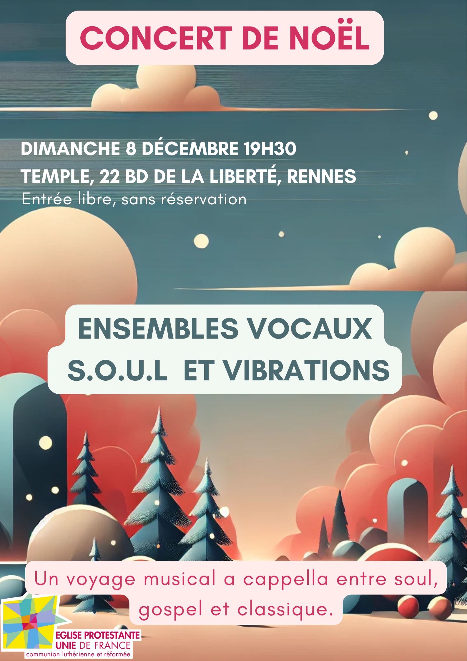 affiche du concert de noël "ensembles vocaux soul et vibrations"