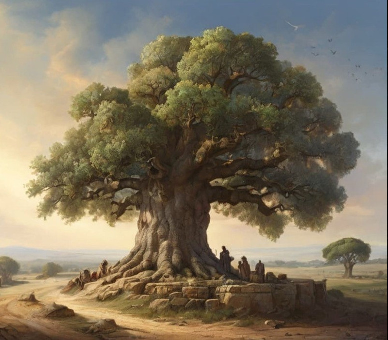 Un arbre majestueux au mileu d'une pleine aride. Au pieds de l'arbre, on distingue un groupe de personnes qui profitent d'un peu d'ombr. e
