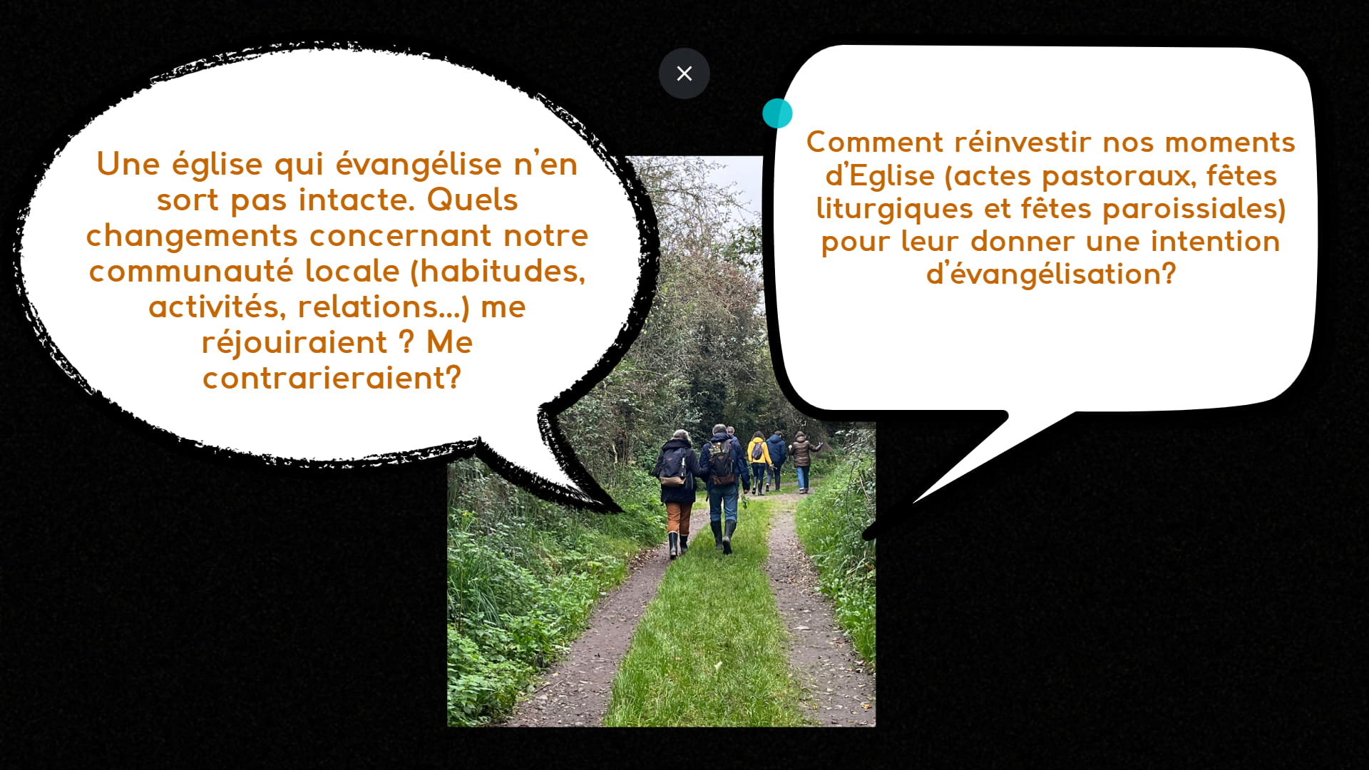 L'équipe Manré arpentant un chemin dans la nature. Une bulle de bande dessinée avec le texte: