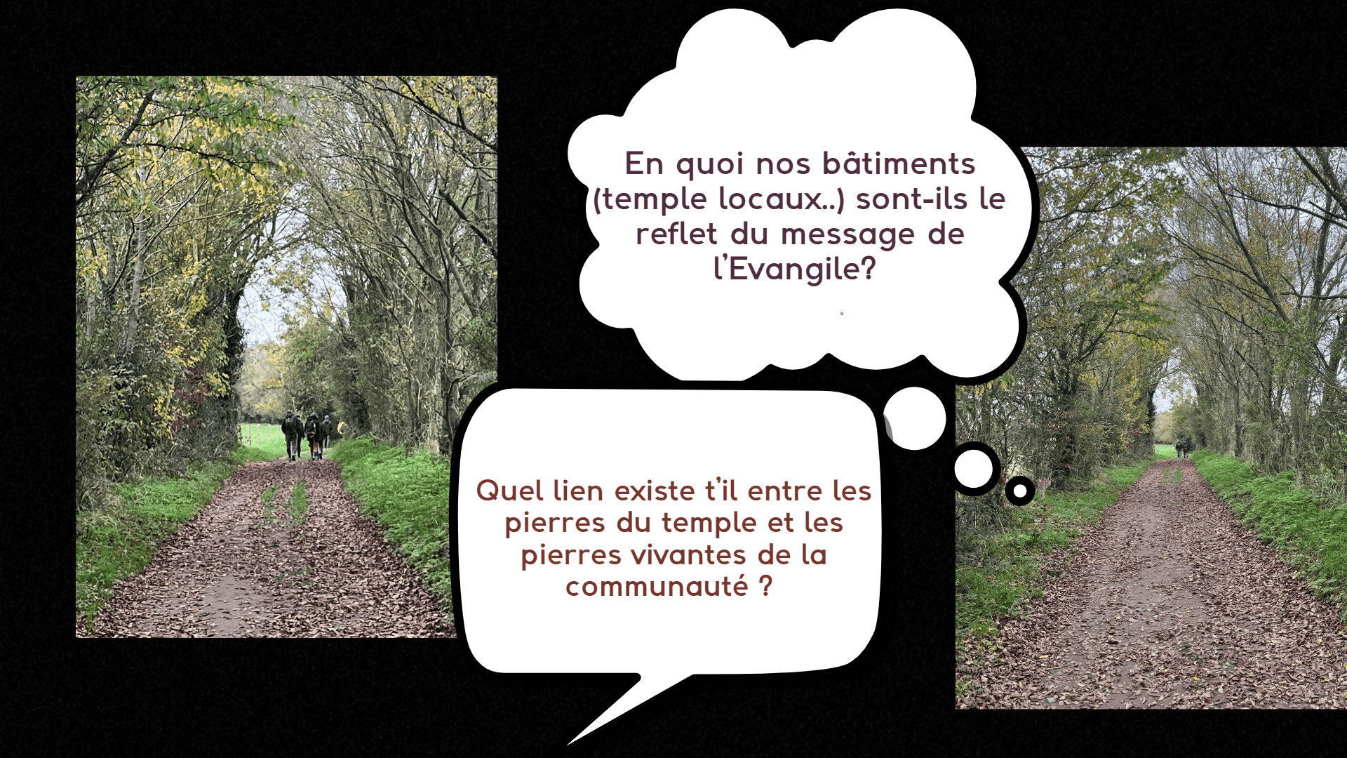 Le groupe Manré avançant sur un chemin bordé d'arbres. Une bulle de bande dessinée avec le texte: