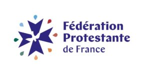 Logo de la fédération protestante de France representant une croix huguenote de couleur violette avec une colombe blanche en son centre. Huit gouttes d'eau coloré encadrent la croix