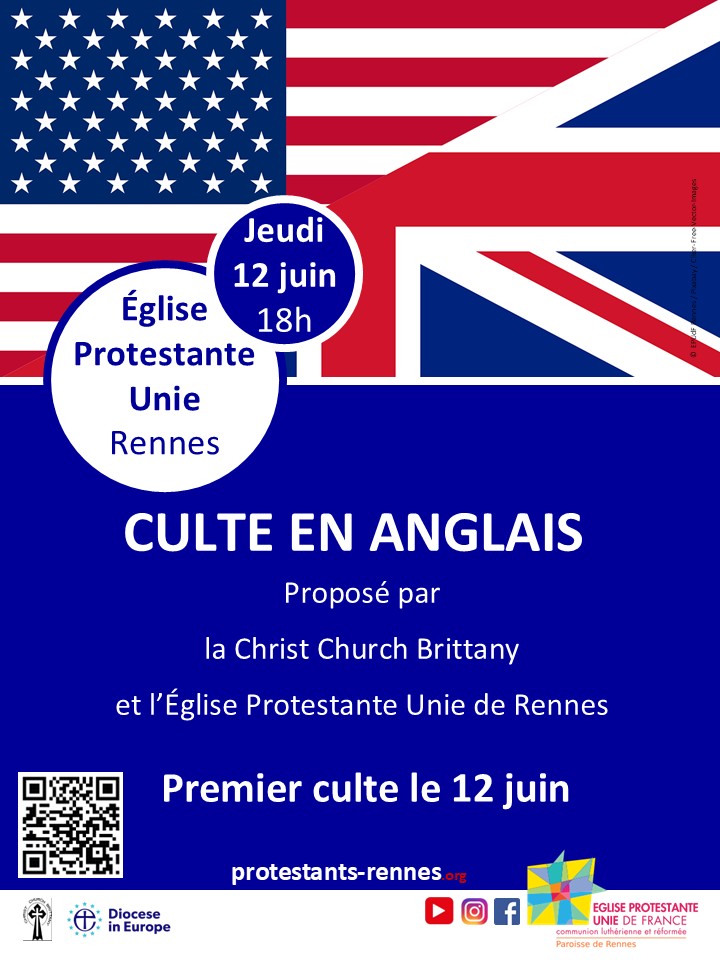 Affiche culte en anglais proposé par la Christ Church Brittany et l'Eglise Protestante Unie de Rennes. Premier culte le 12 juin.