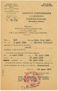Certificat d'appartenance à la résistance intérieure française délivré de manière posthume à Jean Zay le 10 mars 1949.
