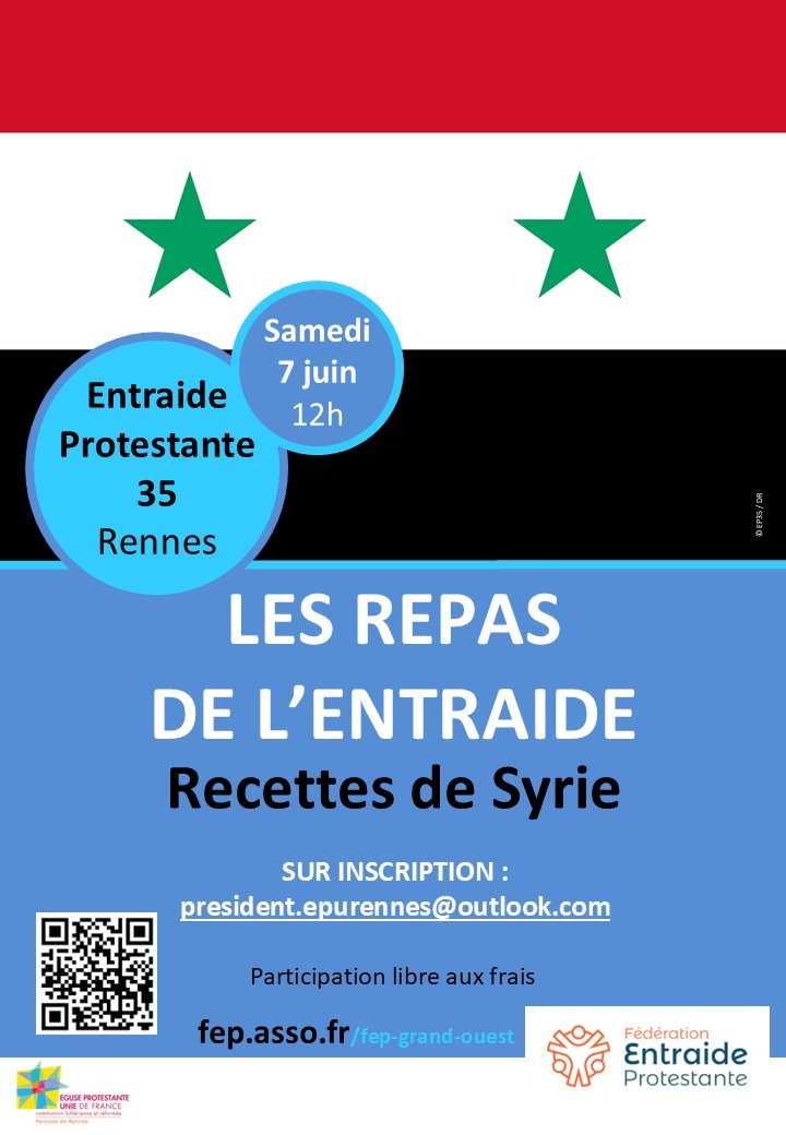Affiche "Les repas de l'entraide - Recettes de Syrie" Samedi 7 juin à midi, sur inscription.