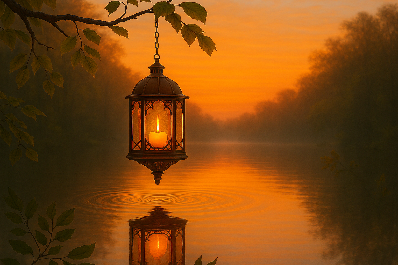 la lanterne suspendue éclaire toujours doucement, mais cette fois dans une composition plus large, où le ciel orangé s’étire à l’horizontale, la brume matinale danse au-dessus de l’eau, et le reflet devient encore plus majestueux.