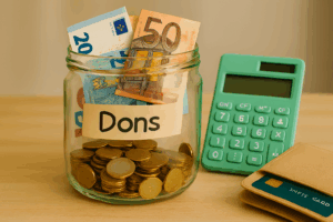Un bocal pourtant l'étiquette "dons" rempli de pièces et billets. À côté, une calculatrice et un portefeuille d'où l'on voit dépasser une carte de crédit.