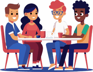 Un dessin representant un groupe de 4 personnes à table en train de boire un café.