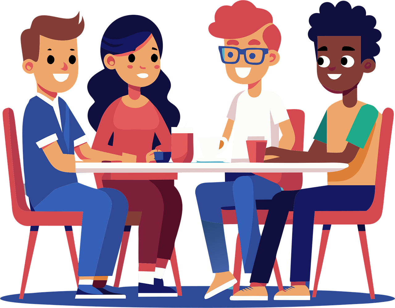 Un dessin representant un groupe de 4 personnes à table en train de boire un café.