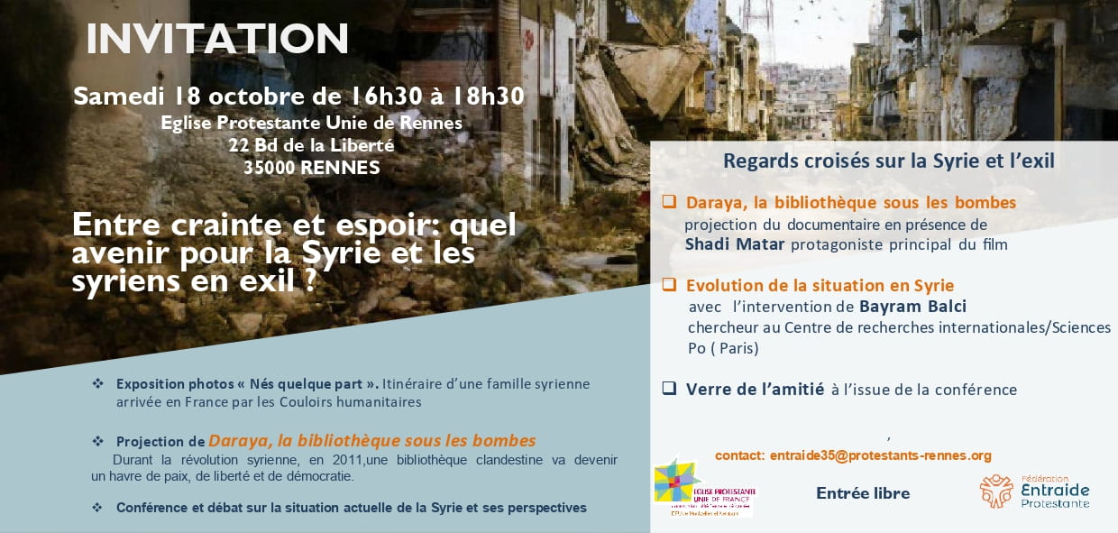 Flyer pour annoncer la projection du film "Daraya une bibliothèque sous les bombes" et le débat qui va suivre.