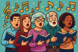 Groupe de choristes en traain de chanter et tenant un recueil de chants dans la main.