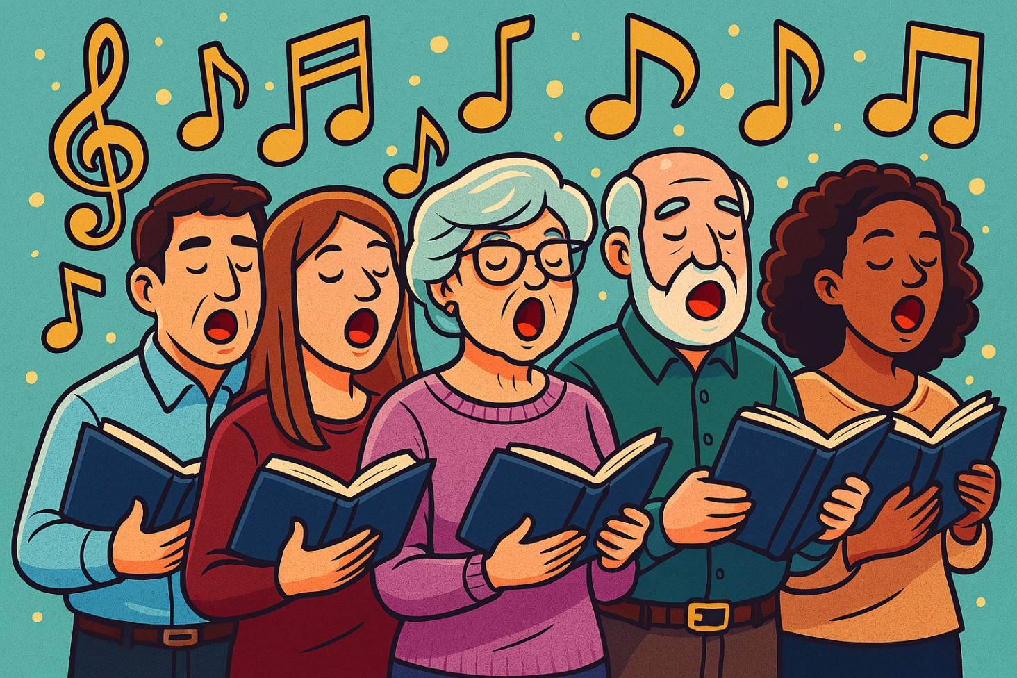 Groupe de choristes en traain de chanter et tenant un recueil de chants dans la main.