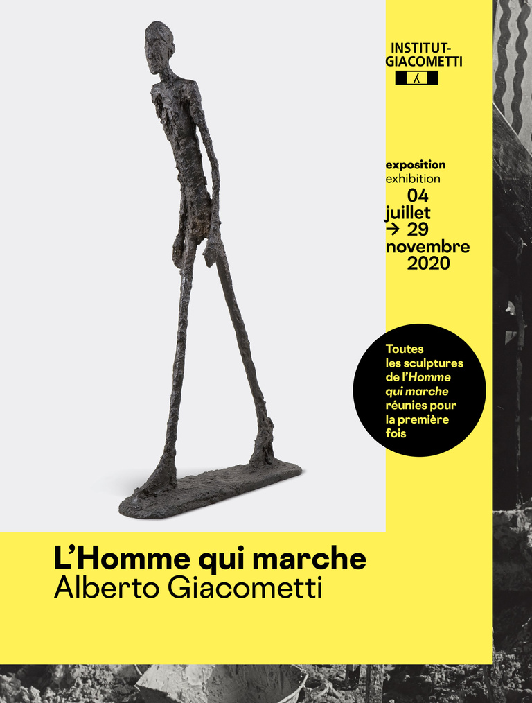 Affiche d'une exposition d'Alberto Giacometti representant une sculture de l'homme qui marche.