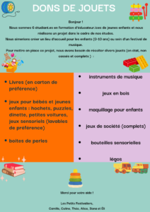 Don de jouets: livre,s, jeux pour bébés et jeunes enfants (hochet, puzzle, dinette, petite voiture, objet sensoriel, legokeux de société, instrument de musique, jeux de société.