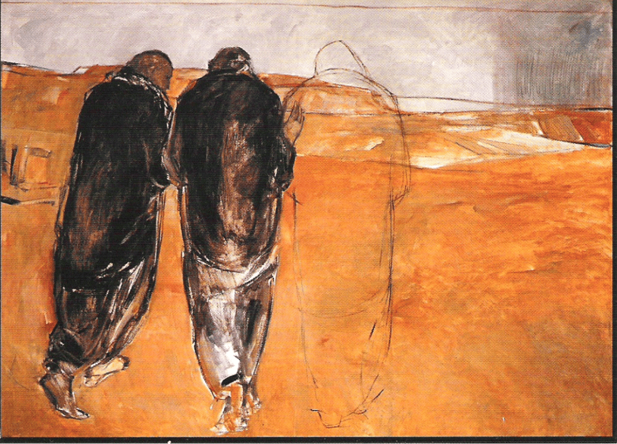 2 personnes et une ombre sur le chemin d'Emmaüs.