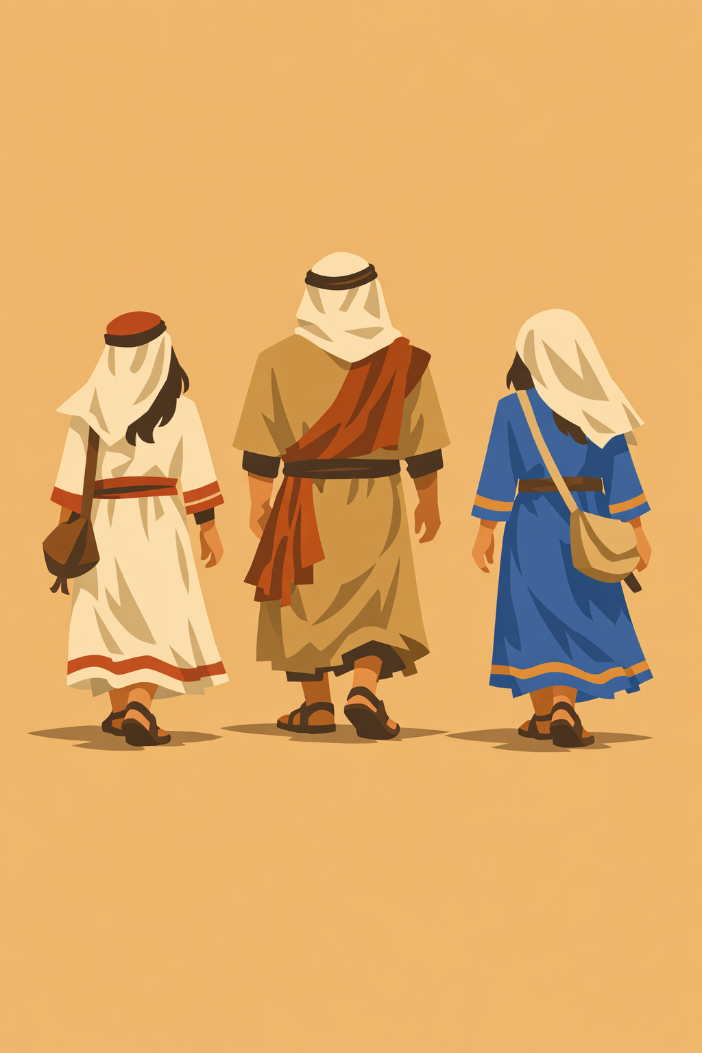 3 personnes vêtues de tunique marchant de dos