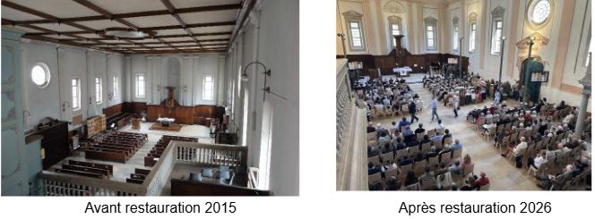 Intérieur du temple avant et après la restauration