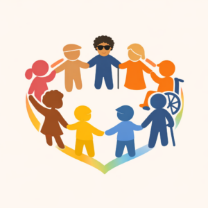 Un coeur constitué de personnes de differentes couleurs. Une personne est en fauteuil roulant, une autre est non voyante.